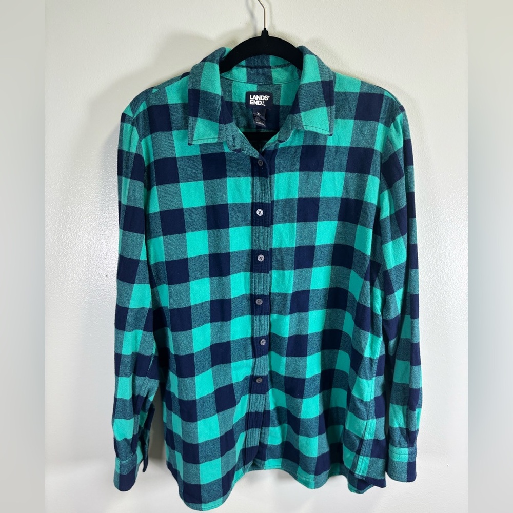 Lands' End Boy's Teal and Navy Checkered Flannel Shirt Size XL